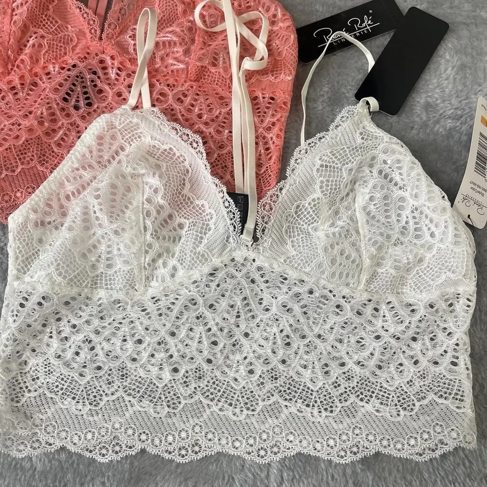 Long Line Lace Choker Sexy Bra Lingerie Lace Bralette 2 Pack Small‎ Pink & White